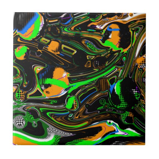 Carreau Bleu, Vert citron, orange, noir et blanc Abstrait (Devant)