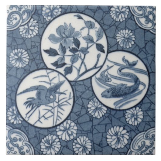 Carreau Blue Aesthetic Japonais Crane Fish Floral Repro (Devant)