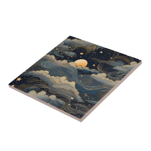 Carreau Blue ciel étoiles lune rétro (Côté)