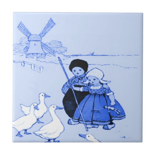 Carreau Blue Dutch Kids with Geese (Devant)
