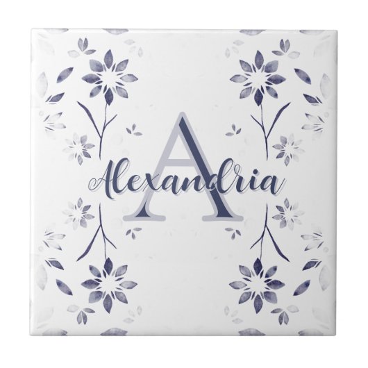 Carreau Blue Floral Personalized Monogram Name (Devant)