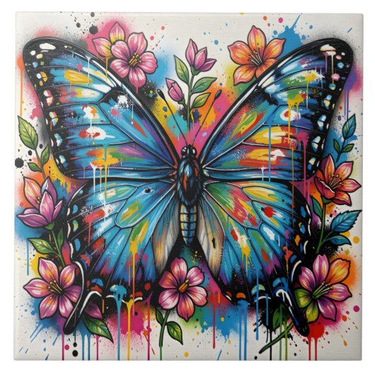 Carreau Blue Morpho Butterfly Street Art Graffiti Grunge (Devant)