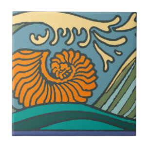 Carreau Blue Ocean Waves Nautilus Seashell Motif Nouveau