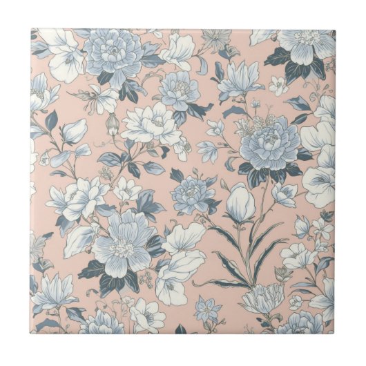 Carreau Blue Peonies Peach Botanical Vintage Floral (Devant)