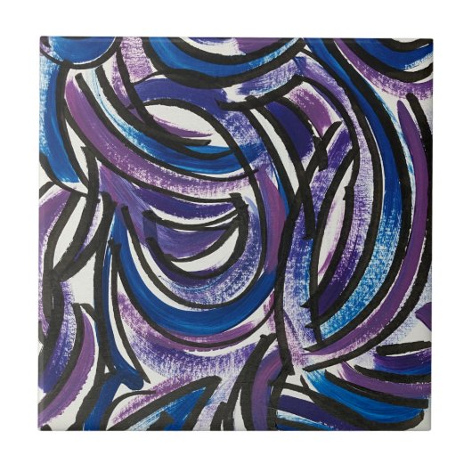 Carreau Blue Purple Brushstrokes-Hand Painted Abstract (Devant)