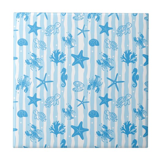 Carreau Blue Sea Creatures Nautical Doodle Pattern (Devant)