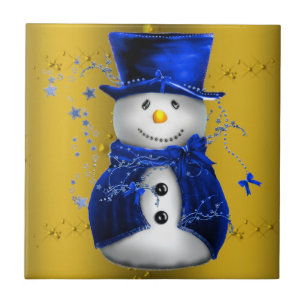 Carreau Blue Snowman sur Gold Christmas