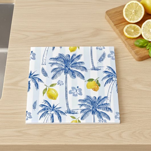 Carreau Blue Toile Palm Trees Lemons Pattern