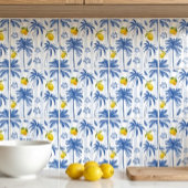 Carreau Blue Toile Palm Trees Lemons Pattern