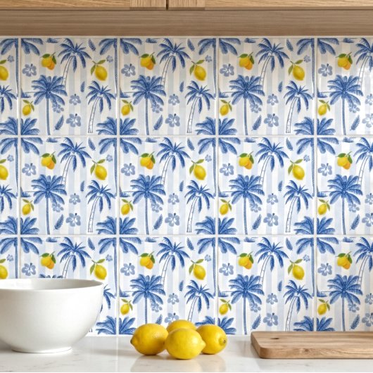 Carreau Blue Toile Palm Trees Lemons Pattern