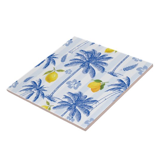 Carreau Blue Toile Palm Trees Lemons Pattern (Côté)