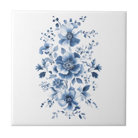 Carreau Blue Toile Regency Chinoiserie Aquarelle Floral (Devant)