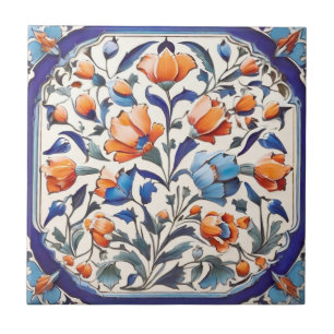 Carreau Blue Turc Floral Orange Poppies Fleurs de pavot