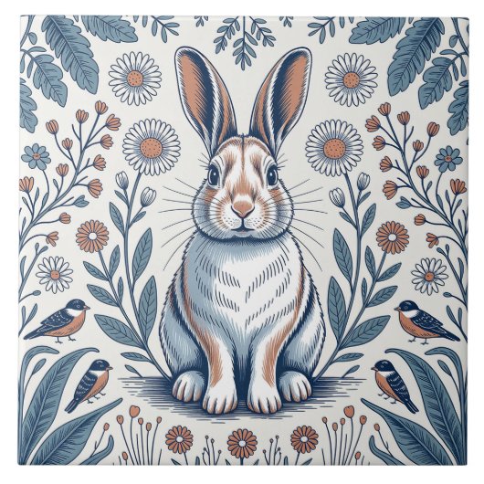 Carreau Blue Whimsical Bunny Rabbit Floral Design (Devant)