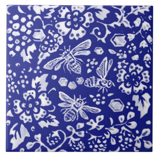 Carreau Blue White Bee Honey Floral Farmhouse Rustique Art (Devant)