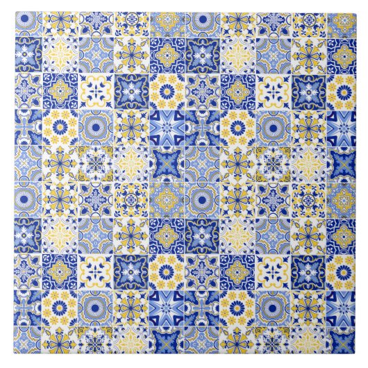 Carreau blue& white yellow Portuguese Azulejo pattern (Devant)