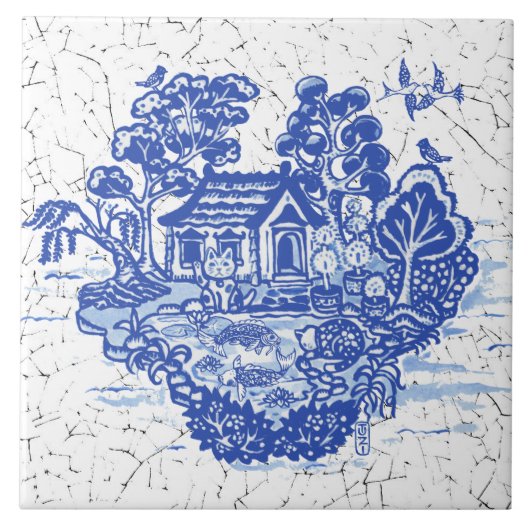 Carreau Blue Willow Lucky Cat Koi Pond Antique Imaginaire (Devant)