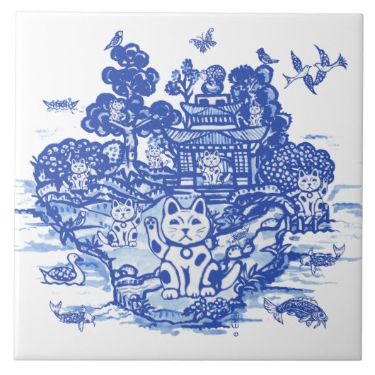 Carreau Blue Willow Lucky Cat Whimsical Chinoiserie Art (Devant)