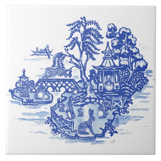 Carreau Blue Willow Rabbit Island Art Imaginaire antique (Devant)