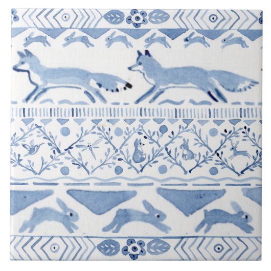 Carreau Blue Woodland Animal Ikat Motif Fox Version 3 (Devant)