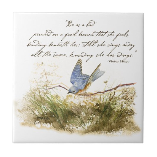 Carreau Bluebird on Branch Inspiration poem Aquarelle (Devant)