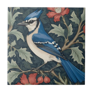 Carreau Bluejay Bird William Morris style Left Blue Jay