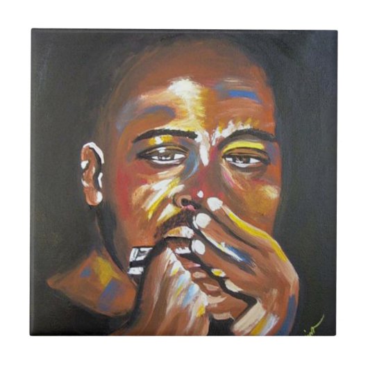 Carreau Blues Harmonica Musical African American Art Tile (Devant)