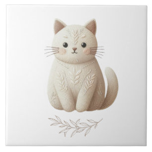 Carreau Boho Brodé Beige Kitty avec feuille Détails