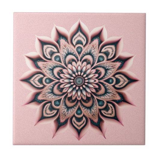 Carreau Boho Chic Blush Fleur rose Mandala avec Turquoise  (Devant)