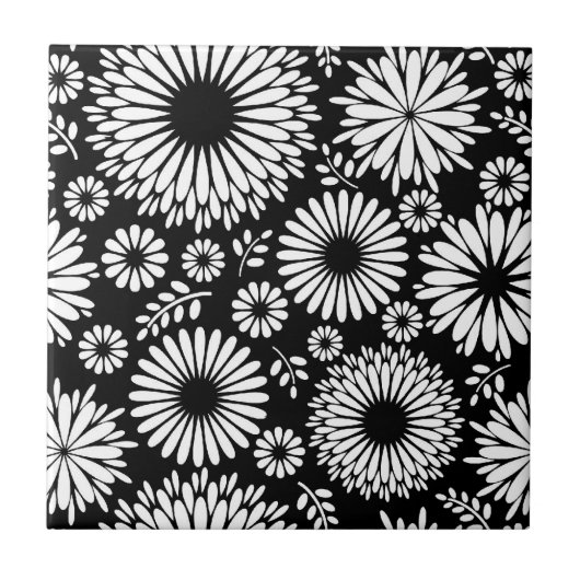 Carreau Boho fleurs Motif floral vectoriel noir et blanc (Devant)