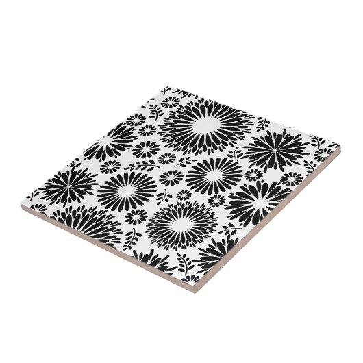 Carreau Boho fleurs Motif floral vectoriel noir et blanc (Côté)