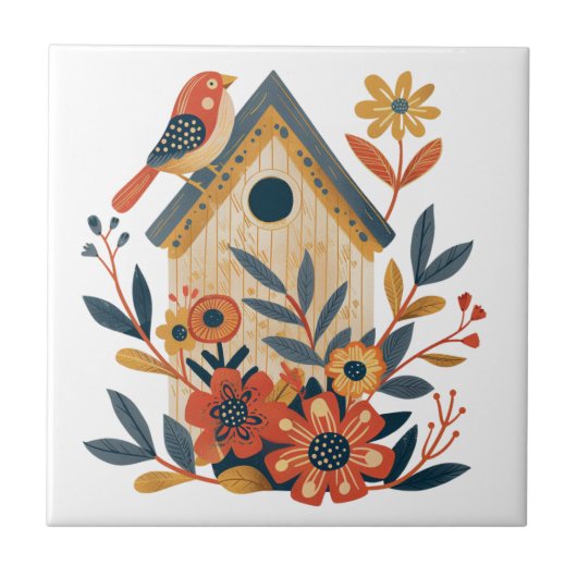 Carreau Boho Floral Bird House Scandinave Folk Art (Devant)