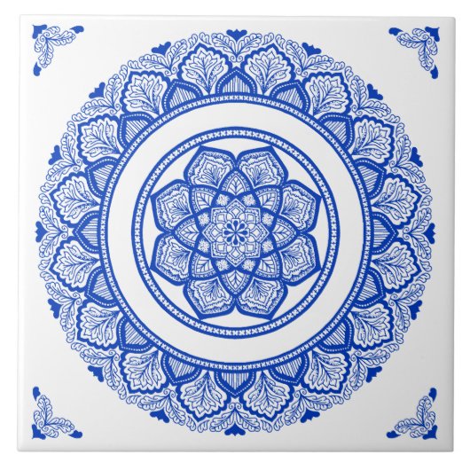 Carreau Boho Indigo Navy bleu Mandala fleur (Devant)