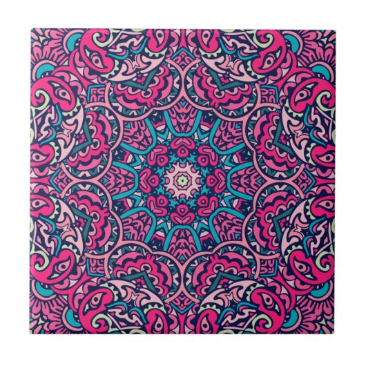 Carreau Boho Mandala rose, Turquoise et marine (Devant)