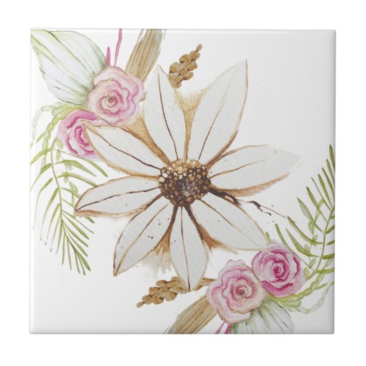 Carreau Boho rose vert blanc marron décoratif floral  (Devant)