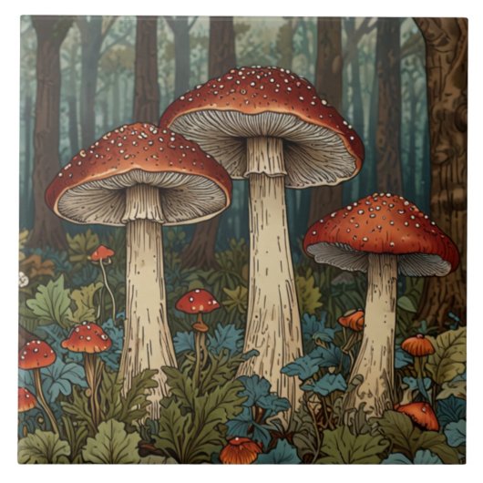 Carreau Boho vintage champignons forêt boisée (Devant)