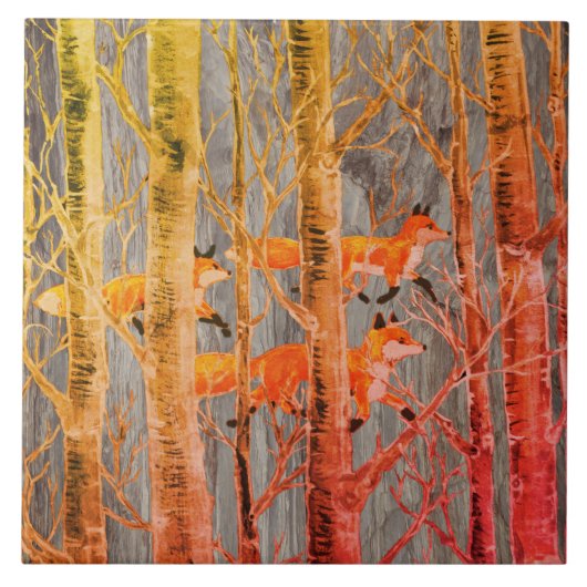 Carreau Bois de cuivre Fox sur pierre grise Automne Batik  (Devant)