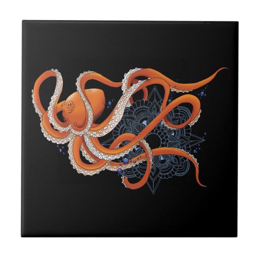 Carreau Bold Orange Mesmerizing Octopus Mandala (Devant)