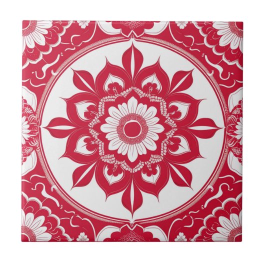 Carreau Bold Red Floral Mandala Tile (Devant)