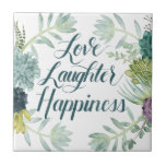 Carreau Bonheur plante | Amour rire bonheur<br><div class="desc">Profitez de ce design de typographie succulent et créatif sur un produit ou une pièce murale pour mettre en valeur et ajouter au monde qui vous entoure. Artiste : Grace Popp</div>