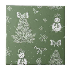 Carreau Bonhomme de neige vintage Noël Toile Vert sauge Bl