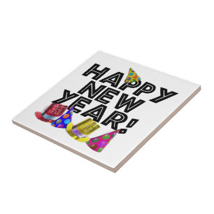 Carreau Bonne Année - Texte Noir avec Chapeaux de Fête