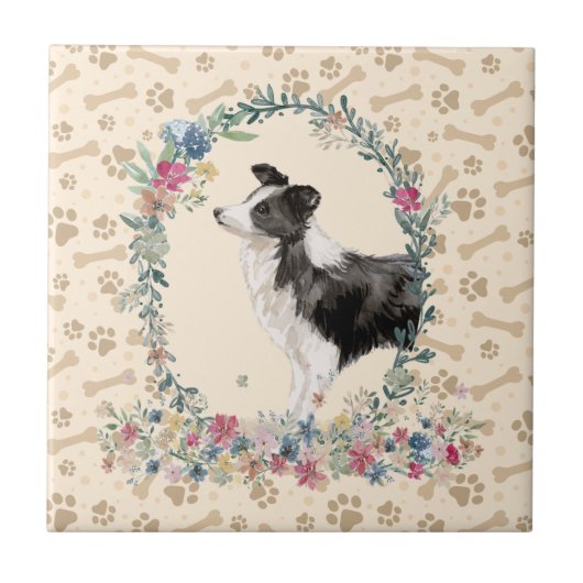 Carreau Bordure Collie Chien Empreinte de patte Floral Cut (Devant)