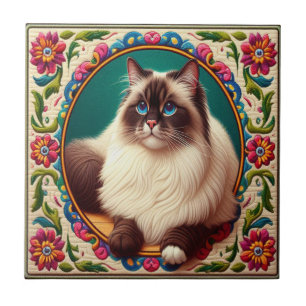 Carreau Bordure décorative Birman Chat Fleurs colorées