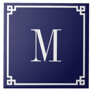 Carreau Bordure monogrammée clé grecque Navy et Blanc