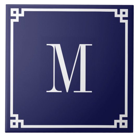 Carreau Bordure monogrammée clé grecque Navy et Blanc (Devant)