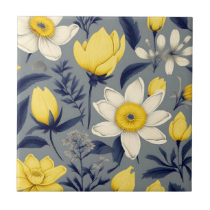 Carreau Botanique vintage avec Fleur Jaune sur Gris