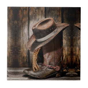 Carreau bottes de cowboy en bois de grange de brun de pays
