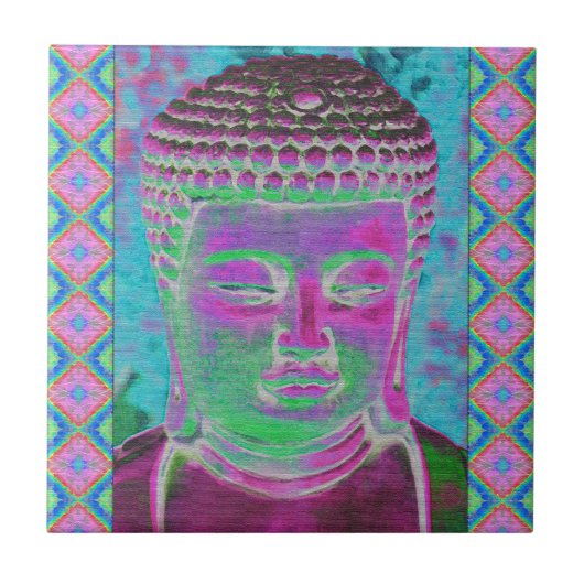 Carreau Bouddha Pop en Magenta et Turquoise (Devant)
