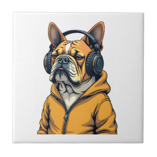 Carreau Bouledogue vintage avec écouteurs portant un sweat